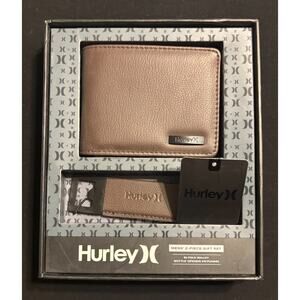 Mens Wallet BROWN FAUX LEATHER HURLEY Bifold Key Chain Bottle Opener Gift Set